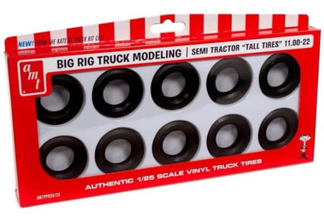 Detailed plastic model kit of a 1/25 scale semi truck with realistic tall tyres, ideal for hobbyists and collectors.