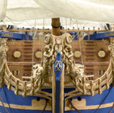 Detailed 1/72 scale model of the King Louis XIV warship Soleil Royal, featuring intricate wood parts and authentic sails.