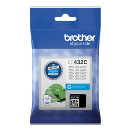 Brother LC432C Cyan Ink Cartridge for vibrant color prints, yielding up to 550 pages, compatible with select Brother printers.