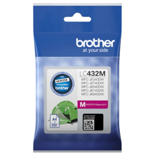 Brother LC432M Magenta Cartridge for vibrant color prints, yields up to 550 pages, compatible with various Brother printers.