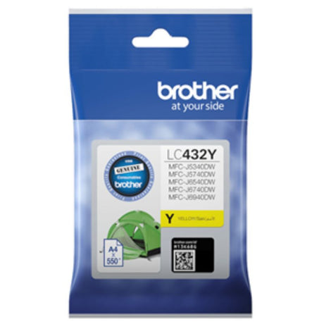 Brother LC432Y Yellow Ink Cartridge for vibrant prints, yielding up to 550 pages, compatible with multiple Brother printers.