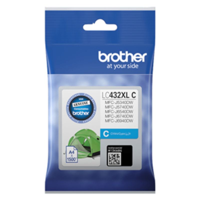 High yield Brother LC432XLC cyan ink cartridge, prints up to 1,500 pages, compatible with select Brother printers.