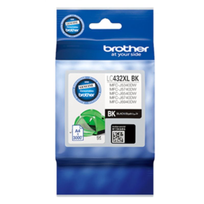 Brother LC432XLBK Black High Yield Ink Cartridge, prints up to 3,000 pages, compatible with various Brother printers.