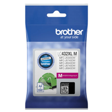 Brother LC432XLM magenta ink cartridge for vibrant prints, yielding up to 1,500 pages, compatible with select Brother printers.