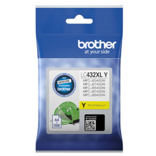 Brother LC432XLY yellow ink cartridge for vibrant prints with a yield of 1,500 pages, compatible with select Brother printers.