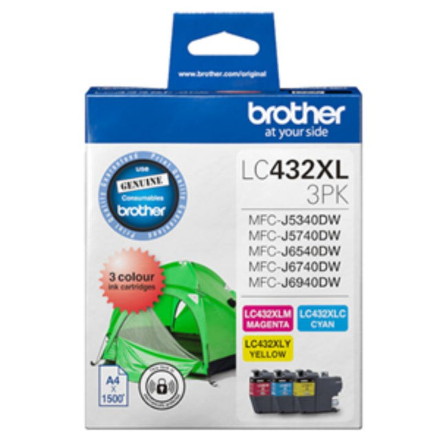 High yield Brother LC432XL 3-pack ink cartridges in cyan, magenta, and yellow for vibrant printing, yielding up to 1,500 pages each.