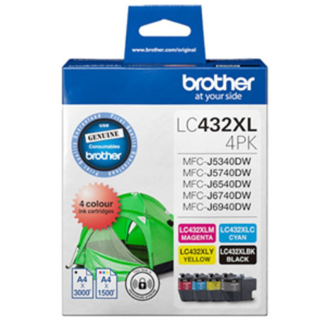 High-yield Brother LC432XL4PKS ink cartridges in black, cyan, magenta, and yellow for vibrant, long-lasting prints.