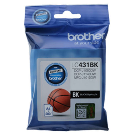 Brother LC431BK Black Ink Cartridge for high-quality prints, yielding up to 200 pages; compatible with various Brother printers.