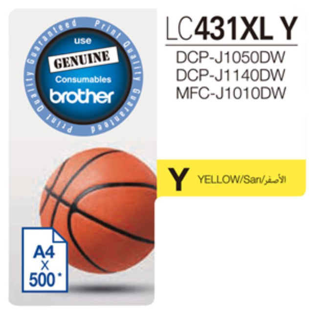 Brother LC431XLY Yellow ink cartridge for vibrant prints, high yield of 500 pages, compatible with multiple printer models.