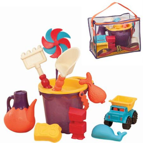 Vibrant B. Ready Tomato Beach Bag Set for kids, featuring a molded bucket, rake, shovel, molds, truck, and watering can.