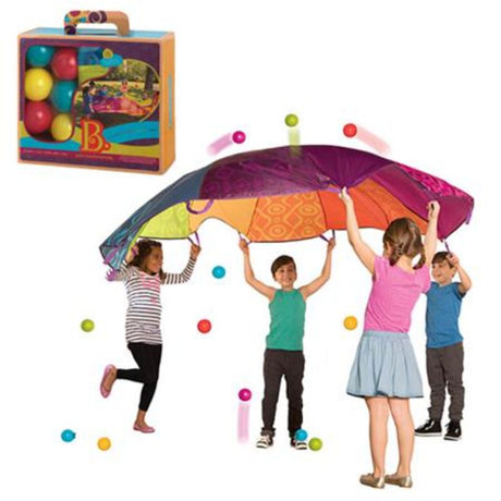 Color-wheel parachute with 12 handles for 6-12 kids and 15 colorful balls for fun outdoor play and teamwork.