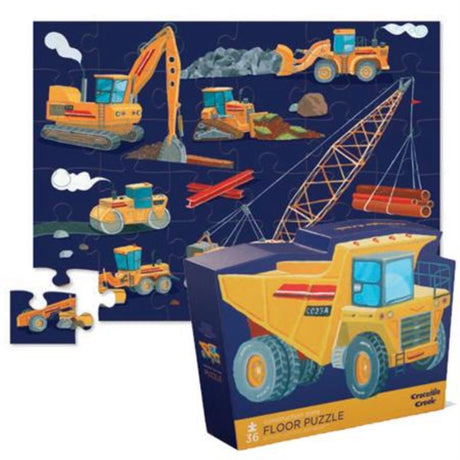 Colorful 36-piece floor puzzle depicting a lively construction zone with trucks and cranes, ideal for kids aged 3 and up.