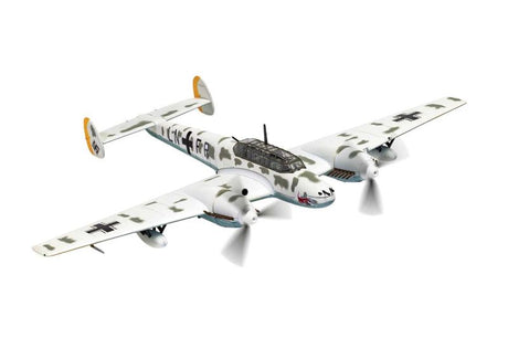 Detailed diecast model of the WWII Messerschmitt Bf 110F-2 LN+FR showcasing authentic markings and twin-engine design.