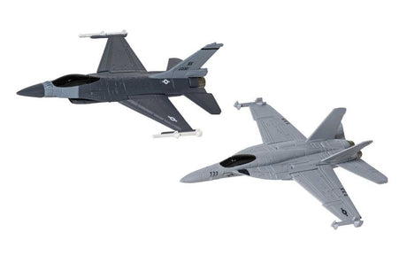 Diecast models of the iconic F/A-18 Hornet and F-16 Fighting Falcon, featuring authentic markings and precise details.