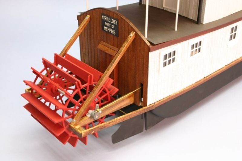 Detailed 38" Myrtle Corey Rover Towboat model kit, featuring premium wood, castings, and paddlewheel for R/C fun.