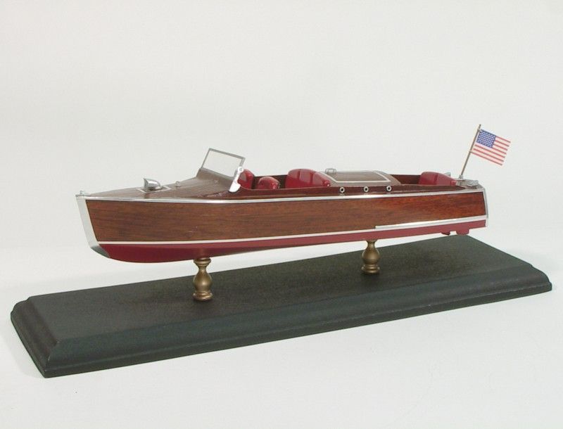 Detailed 12-inch model of the 1930 Chris Craft Runabout, crafted from balsa and mahogany, perfect for display and assembly.