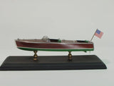 Detailed 1/24 scale replica of the 1949 Chris-Craft Racer in balsa and mahogany, perfect for collectors and model builders.