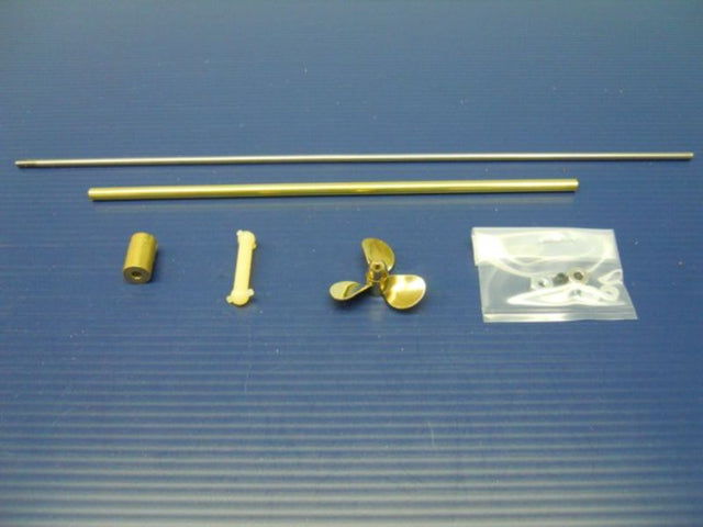 Detailed model ship hardware kit including brass propeller, tube, shaft, and essential components for seamless boating.