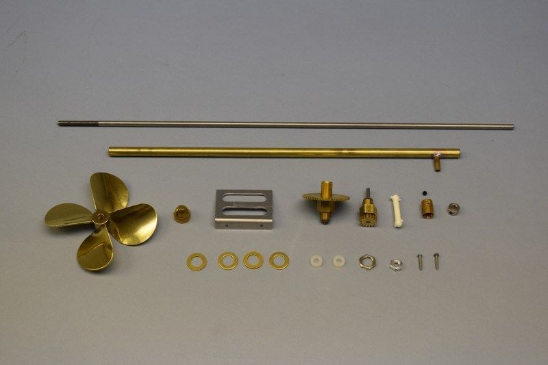 Wooden Ship Fittings Kit #1272 for Carol Moran Tug, includes stainless steel shaft, gear reduction, coupling, and brass propeller.