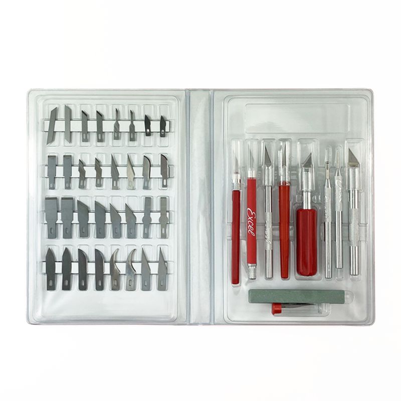 Hobby Knife Set featuring 46 blades, a 4-jaw chuck, safety caps, and essential tools for artists and DIY projects.