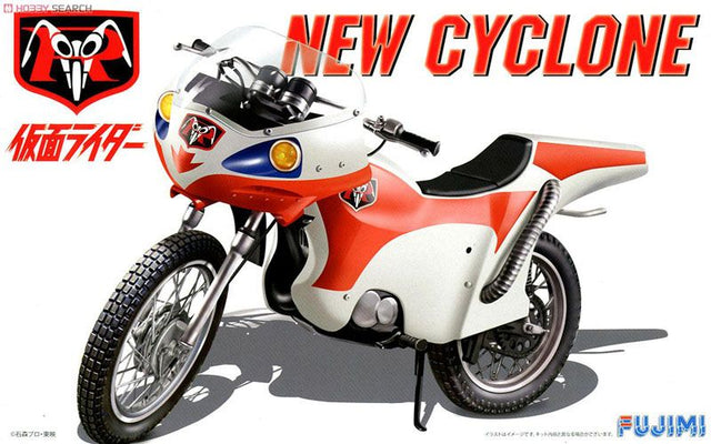 Alt text: "Fujimi 1/12 Kamen Rider New Cyclone Motorcycle kit showcasing sleek design and high-quality, detailed plastic parts."