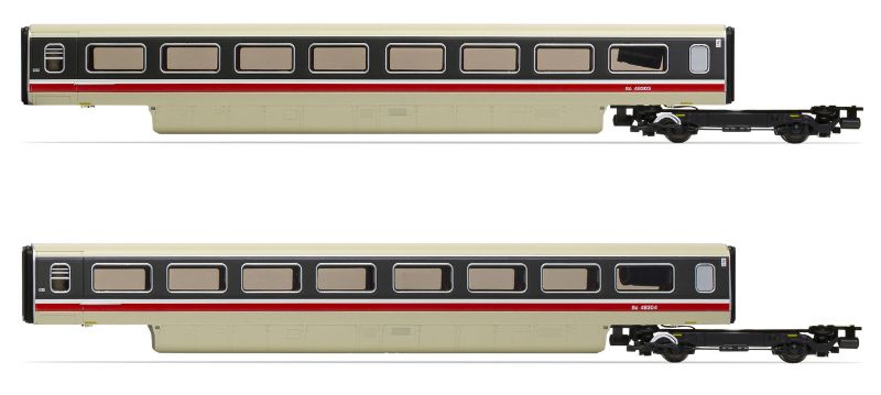 Hornby 2-car coach pack featuring Class 370 APT TU, vibrant colors, and intricate details for model railway enthusiasts.