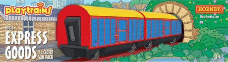 Two colorful Hornby Playtrains closed van wagons, ideal for imaginative play and enhancing model railway layouts.