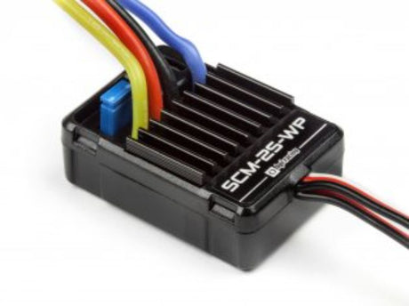 Waterproof ESC SCM-2S WP for RC cars, supporting 5-6 NiMH and 2S LiPo batteries with low voltage cut-off and compact design.