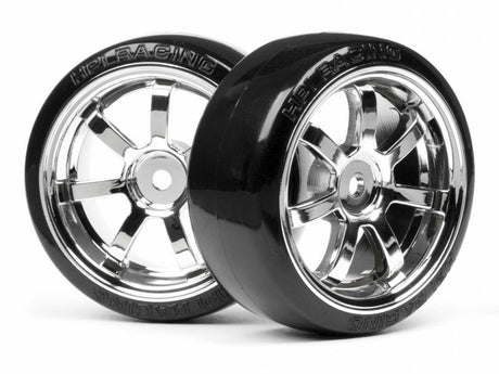 Alt text: "1/10 scale drift car accessory featuring T-Drift tires on chrome Rays 57S-Pro wheels for enhanced performance and style."