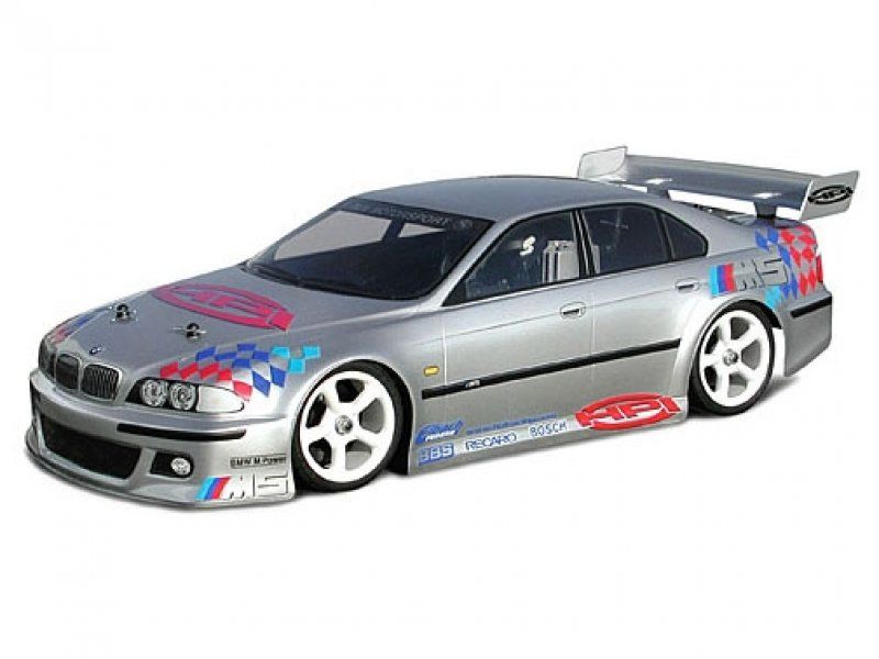 Racing BMW M5 RC car body for 200mm vehicles, featuring realistic decals, durable polycarbonate, and easy fitting tools.