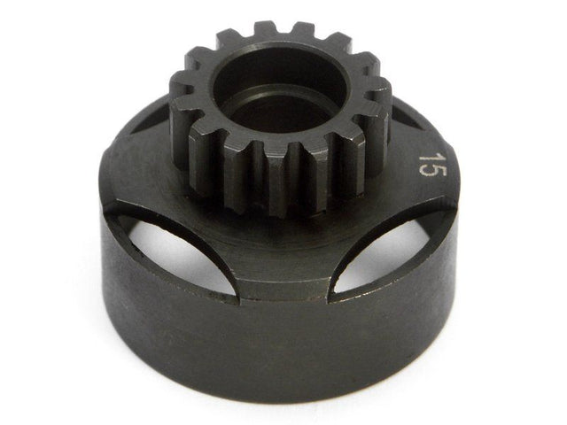 Racing Clutch Bell 15T accessory for RC cars, lightweight with machined holes for cooling and quick acceleration, enhances performance.