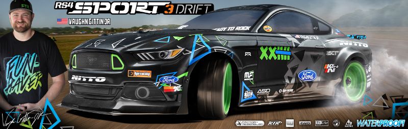 High-speed 1/10 scale RTR drift car featuring a detailed Mustang RTR Spec 5 body and 2.4GHz radio system for seamless control.