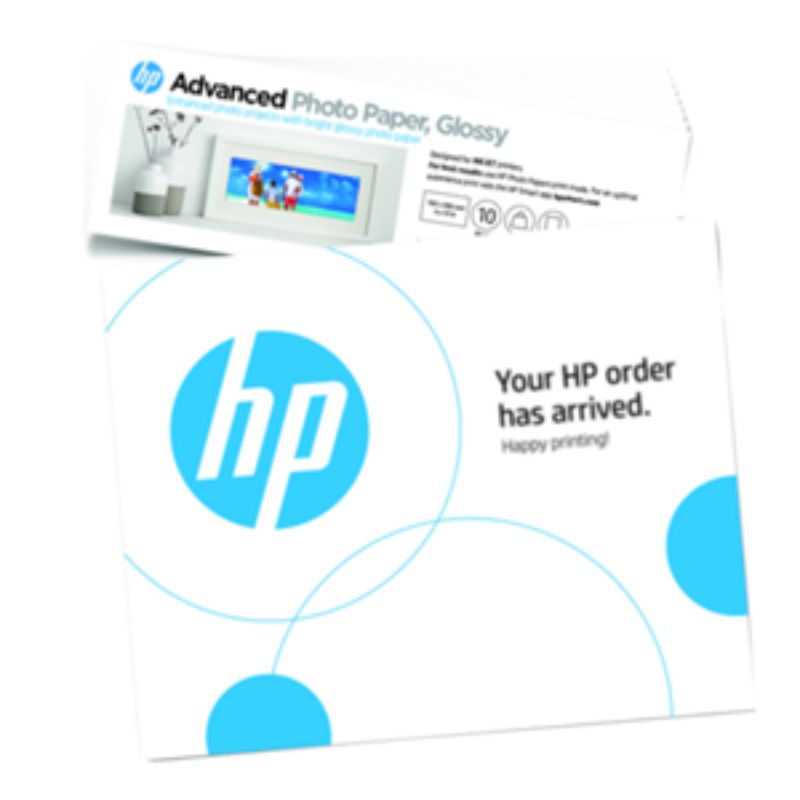 Glossy 5x5in HP Advanced Photo Paper, 20 sheets, ideal for vibrant, square-format prints from smartphones without cropping.