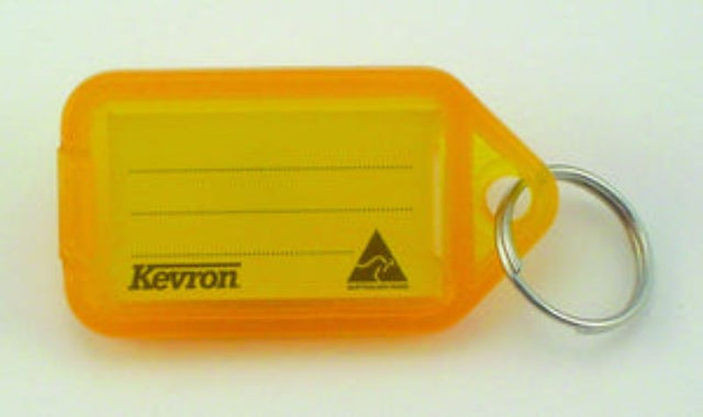 Vibrant orange key tag holder with label, durable Kevron, easy to open, includes paper insert and stainless steel keyring.