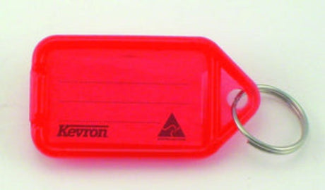 Red Kevron key tag holder with stainless steel ring and paper insert for easy key labeling and organization.