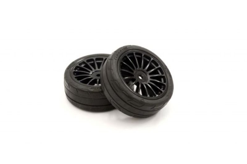 Premounted Kyosho FZ02 tires with a sleek black and metallic finish, featuring 15 spokes for durability and superior traction.