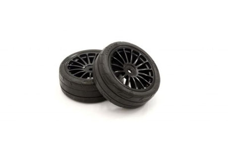 Premounted Kyosho FZ02 tires with a sleek black and metallic finish, featuring 15 spokes for durability and superior traction.