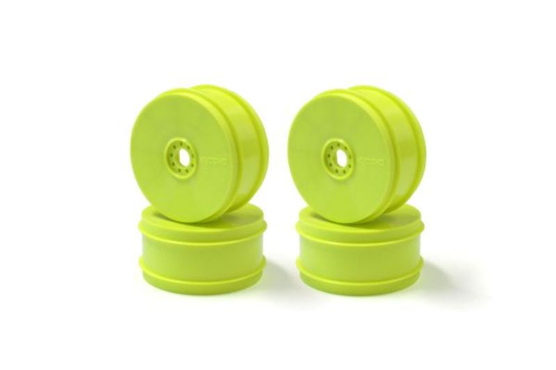 Kyosho MP9/10 dish wheels in vibrant yellow, enhancing RC performance with durability, traction, and stability for racing.