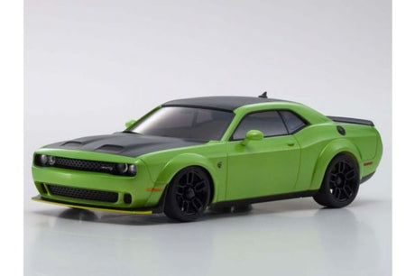 Highly detailed metallic green Kyosho AWD Dodge Hellcat body set for MINI-Z chassis, featuring a glossy finish and protective design.