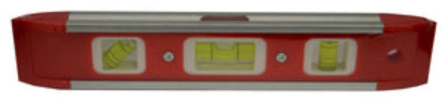 Torpedo level with magnetic base, durable plastic frame, three vials for precise leveling, and bright fluorescent bubble for visibility.