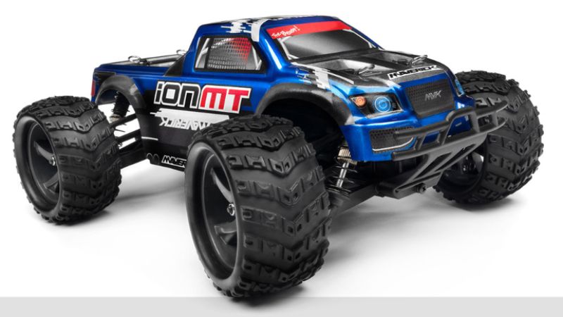 1/18 Ion MT Monster Radio Control Car, featuring a powerful motor, 4WD, waterproof receiver, and eye-catching pre-painted design.