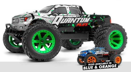 Silver 1/10 Quantum MT Flux RC car with 4WD, brushless motor, high ground clearance, and TREDZ tires for off-road fun.