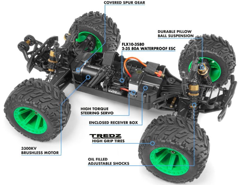 Radio Control Car 1/10 Quantum MT Flux Silver featuring 4WD, brushless motor, and high grip tires for off-road performance.