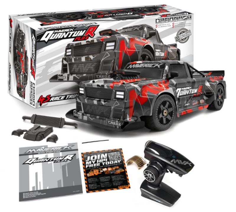 Alt text: "Grey and red 1/8 scale radio control car with 4WD, brushless motor, and rugged design for off-road performance."