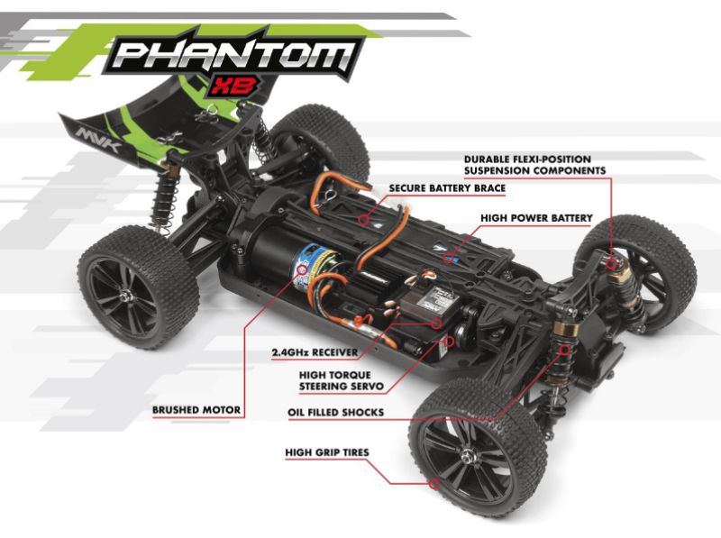 1/10 Phantom XB Green Radio Control Car in action, showcasing its robust 4WD, waterproof design, and high-performance features.