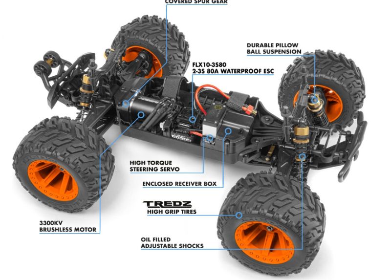 High-performance 1/10 off-road RC car in blue with brushless motor, adjustable suspension, and waterproof features for thrilling adventures.