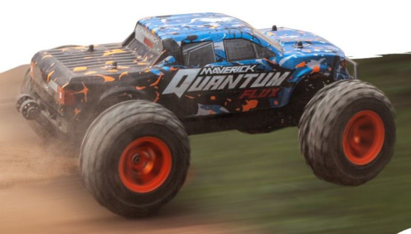 High-performance 1/10 Quantum MT Flux Blue RC car, featuring a brushless motor, adjustable suspension, and durable all-terrain design.