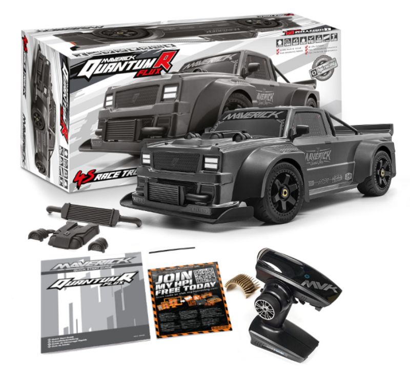 High-performance grey RC truck featuring 4WD, brushless motor, waterproof ESC, and specialized Tredz tires for versatile terrain handling.