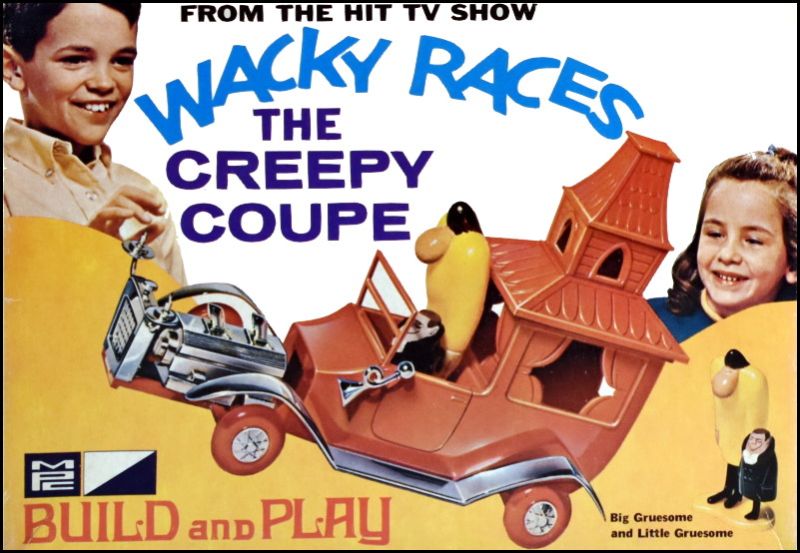 1/32 Wacky Races Creepy Coupe model kit featuring vibrant red plastic, chrome details, and figures of Big and Little Gruesome.