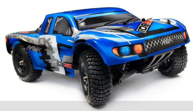 Radio control car 1/18 Ion SC Short Course Truck, features 4WD, waterproof receiver, durable battery, and advanced suspension for racing fun.